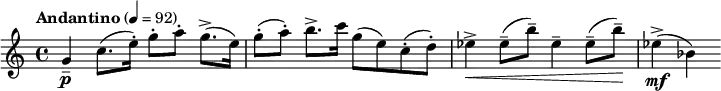  \relative c'' { \clef treble \time 4/4 \set Staff.midiInstrument = #"violin" \tempo "Andantino" 4=92 g4\p-- c8.( e16-.) g8-.[ a-.] g8.->( e16) | g8-.( a-.) b8.-> c16 g8( e) c-.( d-.) | ees4->\< ees8--( b'--) ees,4-- ees8--( b'--)\! | ees,4->\mf( bes) } 