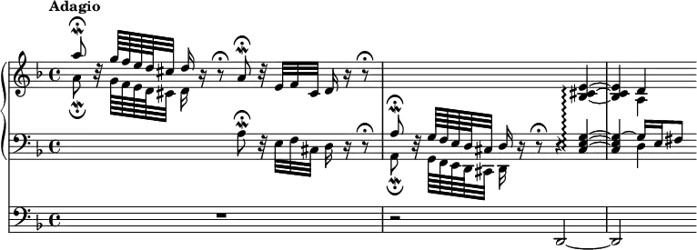 
\new Score <<
  \new PianoStaff <<
    \new Staff <<
      \new Voice \relative c''' {
        \set PianoStaff.connectArpeggios = ##t
        \override Score.NonMusicalPaperColumn #'line-break-permission = ##f
        \key d \minor
        \tempo Adagio
        \voiceOne
        a8 \fermata \mordent b,32 \rest g'64 f e d cis32 d16 b \rest b8 \rest \fermata
        a \fermata \mordent b32 \rest e, f cis d16 b' \rest b8 \rest \fermata |
        s2. \oneVoice <bes, cis e>4 ~ \arpeggio
        <bes cis e>4 d
      }
      \new Voice \relative c'' {
        \voiceTwo
        a8 \fermata \mordent s32 g64 f e d cis32 d16 s8. s2 |
        s1
        s4 a
      }
    >>
    \new Staff <<
      \new Voice \relative c' {
        \clef "bass"
        \key d \minor
        s2 a8 \fermata \mordent d,32 \rest e f cis d16 d \rest d8 \rest \fermata |
        \voiceOne
        a'8 \fermata \mordent d,32 \rest g64 f e d cis32 d16 d16 \rest d8 \rest \fermata d4 \rest <cis e g>4 ~ \arpeggio |
        <cis e g> ~ g'16 e fis8
      }
      \new Voice \relative c {
        \voiceTwo
        s1
        a8 \fermata \mordent s32 g64 f e d cis32 d16 s8. s2 |
        s4 d'4
      }
    >>
  >>
  \new Staff \relative c, {
    \clef "bass"
    \key d \minor
    R1 |
    r2  d ~ |
    d
  }
>>
