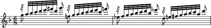 
\version "2.18.2"
\header {
  tagline = ##f
}
\score {
  \new Staff \with {
  }
  \relative c'' {
    \key d \minor
    \time 6/8
    \tempo 4 = 60
    \autoBeamOff
    \clef treble
    \override Rest #'style = #'classical
    \set Staff.midiInstrument = #"violin"
   % ms. p. 78 / DTO p. 83
   << { r32 a'[ bes c d e fis d] g8 } \\ { g,8 } >>
   << { r32 g[ a bes c d e c] f8 } \\ { f,!8 } >>
   << { r32 f[ g a bes c d bes] ees8  } \\ { ees,8 } >>
   << { r32 e![ fis g a bes c a] d8  } \\ { d,8 } >>
  }
  \layout {
    \context {
      \Score
      \remove "Metronome_mark_engraver"
    }
  }
  \midi {}
}
