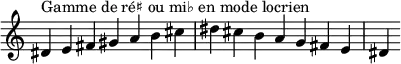  {
\override Score.TimeSignature #'stencil = ##f
\relative c' {
  \clef treble \time 7/4
  dis4^\markup { Gamme de ré♯ ou mi♭ en mode locrien } e fis gis a b cis dis cis b a g fis e dis
} }
