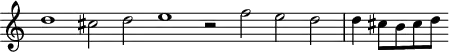 
\header {
  tagline = ##f
}
\score {
  \new Staff \with {
     \remove "Time_signature_engraver"
  }
<<
  \relative c'' {
    \key c \major
    %\clef bass
    \time 5/1
    \override TupletBracket #'bracket-visibility = ##f 
     %%% f° 13v-14
     d1 cis2 d e1 r2 f2 e d d4 cis8[ b cis d]
  }
>>
  \layout {
     \context { \Score \remove "Metronome_mark_engraver" }
  }
  \midi {}
}
