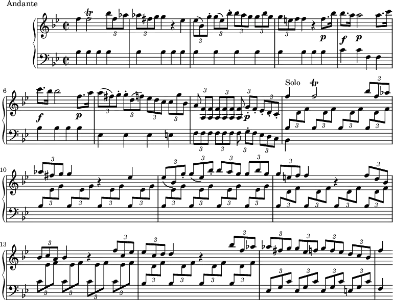 
\version "2.18.2"
\header {
  tagline = ##f
}
upper = \relative c'' {
  \clef treble 
  \key bes \major
  \time 2/2
  \tempo 2 = 48
  \set Staff.midiInstrument = #"Harpsichord"
   %%Andrea Luchesi — Concerto pour clavecin en fa majeur (pdf http://petrucci.mus.auth.gr/imglnks/usimg/f/f8/IMSLP202270-PMLP342837-Harpsichord_concerto-Lucchesi-harps._part.pdf)
   f4 f2\trill \tuplet 3/2 { bes8 f aes } \tuplet 3/2 { aes8[ fis g] } g4 r4 ees
   \tuplet 3/2 { ees8( bes) g'-. } \tuplet 3/2 { g[( ees) bes'-.] } \tuplet 3/2 { bes a g } \tuplet 3/2 { g[ bes g] } \tuplet 3/2 { g e f } f4 r4 f8.\p bes16
   bes8.\f a16 a2\p a8. c16 c8.\f bes16 bes2 f8.\p a16
   \tuplet 3/2 { a8( fis) g-. } \tuplet 3/2 { g-.[ d( f)] } \tuplet 3/2 { ees d c }  \tuplet 3/2 { c[ g' bes,] } 
   \tuplet 3/2 { a8 < f a, >[ q] } \tuplet 3/2 { q q q } \tuplet 3/2 { q g-.[\p f-.] } \tuplet 3/2 { ees-. d-. c-. }
   \stemUp f'4^\markup{Solo} f2\trill \tuplet 3/2 { bes8 f aes } \tuplet 3/2 { aes8[ fis g] } g4 r4 ees
   \tuplet 3/2 { ees8( bes) g'-. } \tuplet 3/2 { g8[( ees) bes'-.] } \tuplet 3/2 { bes8 a g } \tuplet 3/2 { g8[ bes g] } \tuplet 3/2 { g8 e f } f4 r4
   \tuplet 3/2 { f8[ d bes] }
   \tuplet 3/2 { bes8 c a } bes4 r4 \tuplet 3/2 { f'8[ c ees] } \tuplet 3/2 { ees8 c d } d4 r4
   \tuplet 3/2 { bes'8 f aes } \tuplet 3/2 { aes8[ fis g] } \tuplet 3/2 { g8 ees f } \tuplet 3/2 { g8[ f ees] } \tuplet 3/2 { d8 c bes } f'4
}
lower = \relative c {
  \clef bass
  \key bes \major
  \time 2/2
  \set Staff.midiInstrument = #"Harpsichord"
   \repeat unfold 16 { bes'4 } c c f, f \repeat unfold 4 { bes } \repeat unfold 3 { ees, } e \repeat unfold 2 { \tuplet 3/2 { f8[ f f] } }
   \tuplet 3/2 { f8 g-.[ f] } \tuplet 3/2 { ees d c } 
   << { \repeat unfold 4 { \tuplet 3/2 { bes'8[ \change Staff = "upper" \stemDown d f] \change Staff = "lower" \stemUp } } } \\ { bes,,4 } >>
   \repeat unfold 8 { \tuplet 3/2 { bes'8[ \change Staff = "upper" \stemDown ees g] \change Staff = "lower" \stemUp } }
   \repeat unfold 4 { \tuplet 3/2 { bes,8[ \change Staff = "upper" \stemDown d f] \change Staff = "lower" \stemUp } }
   \repeat unfold 4 { \tuplet 3/2 { \stemDown c8[ \change Staff = "upper" ees f] \change Staff = "lower" \stemUp } }
   \repeat unfold 4 { \tuplet 3/2 { bes,8[ \change Staff = "upper" \stemDown d f] \change Staff = "lower" \stemUp } }
   \repeat unfold 3 { \tuplet 3/2 { ees,8[ g c] } } \tuplet 3/2 { e,8[ g c] } f,4
}
  \header {
    piece = "Andante"
  }
\score {
  \new PianoStaff <<
    \new Staff = "upper" \upper
    \new Staff = "lower" \lower
  >>
  \layout {
    \override TupletBracket.bracket-visibility = ##f
    \context {
      \Score
      \remove "Metronome_mark_engraver"
    }
  }
  \midi { }
}
