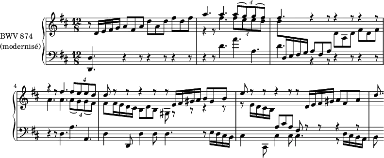 
\version "2.18.2"
\header {
  tagline = ##f
}
%% PRÉLUDE CBT II-5, BWV 874, ré majeur
upper = \relative c' {
  \clef treble 
  \key d \major
  \tempo 4. = 84
  \set Staff.midiInstrument = #"harpsichord" 
  \time 12/8
  r8 d16 e fis g a8 fis a d a d fis d fis |
  << {
    a4. a \tuplet 4/6 { a8[( g) g( fis)] } | fis4. r4 r8 r4 r8 r4 r8 |
    r4 r8 fis4. \tuplet 4/6 { fis8[ e e d] } | d8 r r r4 r8 r8 e,16[ fis gis a] b8 gis b |
    e8 r r r4 r8 r8 d,16 e fis gis a8 fis a | d8.
  } \\ {
    r4 r8 fis4. \tuplet 4/6 { fis8[ e e d] } |
    d \stemUp \change Staff = "lower" d,,16 e fis g a8 fis a \stemDown \change Staff = "upper" d a d fis d fis |
    a4. a \tuplet 4/6 { a8[( g) g( fis)] } | fis fis16 e d cis b8 d b gis8 r8 r8 r4 r8 |
    r8 e'16 d cis b \stemUp \change Staff = "lower" \voiceOne a8 cis a fis8 r8 r8 r4 r8 |
  } >>
}
lower = \relative c {
  \clef bass 
  \key d \major
  \time 12/8
  \set Staff.midiInstrument = #"harpsichord" 
  <d d,>4. r4 r8 r4 r8 r4 r8 | r4 r8 d'4. a' a, | d r4 r8 r4 r8 r4 r8 | \break
  r4 r8 d,4. a' a, | d4 d,8 d'4 d8 d4. r8 \stemDown e16 d cis b |
  \voiceTwo cis4 cis,8 cis'4 cis8 cis4. r8 d16 cis b a |
  b8
} 
\score {
  \new PianoStaff <<
    \set PianoStaff.instrumentName = \markup { \column { "BWV 874" "(modernisé)" } }
    \new Staff = "upper" \upper
    \new Staff = "lower" \lower
  >>
  \layout {
    \context {
      \Score
      \remove "Metronome_mark_engraver"
      \override SpacingSpanner.common-shortest-duration = #(ly:make-moment 1/2)
    }
  }
  \midi { }
}
