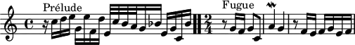 
\version "2.18.2"
\header {
  tagline = ##f
}
\score {
  \new Staff \with {
  }
<<
  \relative c'' {
    \key c \major
    \time 4/4
    \set Staff.midiInstrument = #"harpsichord" 
     %% INCIPIT CBT II-1, BWV 870, ut majeur
     r16^\markup{Prélude} c d e g, e' f, d' e,32 c' b a g16 bes e,[ g c, bes'] \bar ".."
     \time 2/4
     r8^\markup{Fugue} g16[ f] g8 c, a'4\mordent  g r8 f16 e f g e f
  }
>>
  \layout {
     #(layout-set-staff-size 17)
     \context { \Score \remove "Metronome_mark_engraver"
     \override SpacingSpanner.common-shortest-duration = #(ly:make-moment 1/2)
       }
  }
  \midi {}
}
