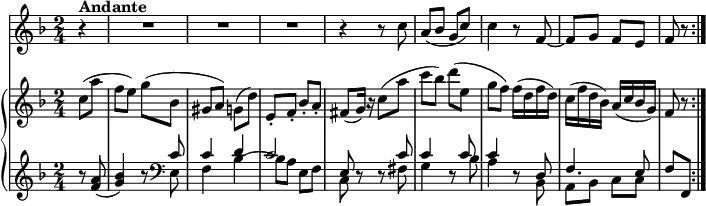 
\version "2.18.2"
\header {
  tagline = ##f
}
upper = \relative c'' {
                 \key f \major
                 \time 2/4
                 \tempo 4 = 60
               \partial 8 c8 (a' f e) g (bes, gis a) g (d')
                e,-. f-. bes-. a-.
                fis (g16) r c8 (a' c bes) d (e, g f)
                f16 (d f d) c (f d bes) a (c bes g)
                f8 r \bar ":|."
            }
lower =      \relative c {
                \clef bass 
                  \key f \major
                  \time 2/4
                  \clef treble
           \partial 8  r8 <f' a>8 (<g bes>4) r8  \clef bass
           <<{\relative c {\stemDown e8 f4 bes ~  bes8 a e f c d \rest d \rest  fis g4 d8 \rest bes' a4 d,8 \rest bes a bes c c}} 
           \\ \relative c {{ \stemUp c'8 c4 d c2 e,8 s s c' c4 s8 c c4 s8 d, f4. e8}}>>
           f,8 f, \bar ":|."
             }
 vl = \relative c'' {
              \key f \major
              \time 2/4
           \partial 4 r4 ^ \markup {\bold {"Andante"} } \repeat unfold 3 { R1 * 2/4 }
           r4 r8 c
           a (bes g c)
           c4 r8 f, ~ f g  f e f r \bar ":|."
          }    
\score {
    \new GrandStaff <<
      \new PianoStaff <<  
        \new Staff = "upper" \upper
        \new Staff = "lower" \lower
    >>
   \new Staff = "vl" \vl
    >>
    \layout {
    \context {
      \Score
      \remove "Metronome_mark_engraver"
    }
  }
  \midi { }
}
