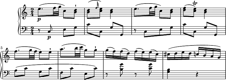 
\version "2.18.2"
\header {
  tagline = ##f
}
upper = \relative c'' {
    \tempo "Allegretto"
    \key c \major
     \time 2/4
    \tempo 4 = 80
   e8. \p (f32 g c,8) <b d>-!
    <b d> ( \grace f'32 <c e>8) <b d>4
    e8.  (f32 g c,8) <b d>
    <d f> (<c e> \trill ) <b d>4
    f'8.  (g32 f e8) e-!
    a8. (b32 c g8) g-!
    g16 (f) f (d) f (e) e (c)
    cis (d e d c b a g)
  }
lower =\relative c' {
    \clef "bass"
    \key c  \major
    \time 2/4
      r8 c, \p e g
      c c, g' g,
      r8 c  [e g]
      c c, g' g,
      a' (c g c f, c' e, c')
      r <b g'> r <c g'>
      <g b>4 r
  }
\score {
  \new PianoStaff <<  
    \new Staff = "upper" \upper
    \new Staff = "lower" \lower
  >>
  \layout {
    \context {
      \Score
      \remove "Metronome_mark_engraver"
    }
  }
  \midi { }
}
