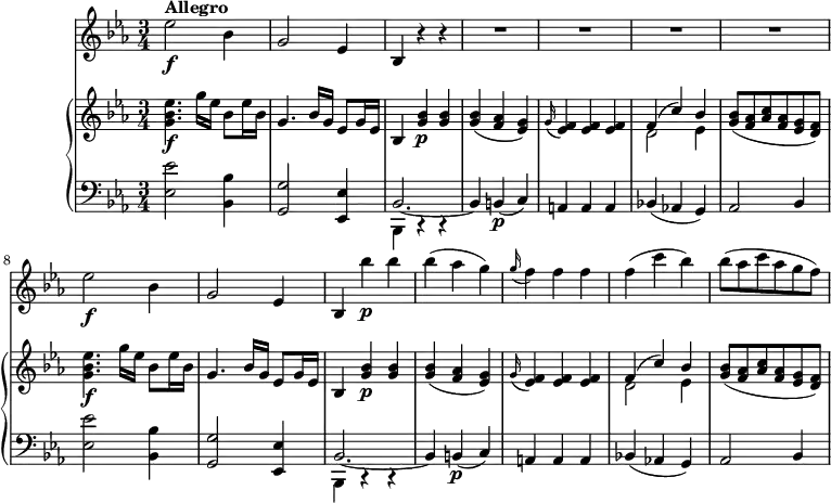 
\version "2.18.2"
\header {
  tagline = ##f
}
upper = \relative c'' {
               \key ees \major
               \time 3/4
               \tempo 4 = 130     
          <g bes ees>4.\f g'16 ees bes8 ees16 bes
          g4. bes16 g ees8 g16 ees
          bes4 <g' bes>4 \p<g bes>
          <g bes> (<f aes> <ees g>)
          \grace g16 (<ees f>4)  <ees f>  <ees f>
          <<{\stemDown d2 ees4 } \\ { \stemUp f4 ^ (c') bes}>>
          <g bes>8 (<f aes> <aes c> <f aes> <ees g> <d f>)
          <g bes ees>4.\f g'16 ees bes8 ees16 bes
          g4. bes16 g ees8 g16 ees
          bes4 <g' bes>4 \p<g bes>
          <g bes> (<f aes> <ees g>)
          \grace g16 (<ees f>4)  <ees f>  <ees f>
          <<{\stemDown d2 ees4 } \\ { \stemUp f4 ^ (c') bes}>>
          <g bes>8 (<f aes> <aes c> <f aes> <ees g> <d f>)
            } 
lower =  \relative c {
                \clef bass 
                \key ees \major
                \time 3/4   
          <ees ees'>2 <bes bes'>4
          <g g'>2 <ees ees'>4 
          <<{\stemDown bes4 c\rest c\rest} \\ { \stemUp bes'2. ~ bes4}>>
          b4\p (c)
          a a a
          bes! (aes! g)
          aes2 bes4
          <ees ees'>2 <bes bes'>4
          <g g'>2 <ees ees'>4 
          <<{\stemDown bes4 c\rest c\rest} \\ { \stemUp bes'2. ~ bes4}>>
          b4\p (c)
          a a a
          bes! (aes! g)
          aes2 bes4
             }      
 vl = \relative c'' {
              \key ees \major
              \time 3/4
    ees2\f^ \markup \bold {{"Allegro"}} bes4
    g2 ees4 bes r r \repeat unfold 4 {R1*3/4}
    ees'2\f bes4
    g2 ees4 bes bes'' \p bes
    bes (aes g) \grace g16 (f4) f f
    f (c' bes)
    bes8 (aes c aes g f)
                 }             
\score {
    \new GrandStaff <<
      \new PianoStaff <<  
        \new Staff = "upper" \upper
        \new Staff = "lower" \lower
       \set Staff.midiMinimumVolume = #0.2 \set Staff.midiMaximumVolume = #0.5
    >>
   \new Staff = "vl" \vl
    >>
    \layout {
    \context {
      \Score
      \remove "Metronome_mark_engraver"
    }
  }
  \midi { }
}
