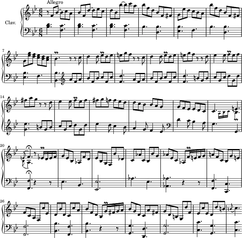 
\version "2.18.2"
\header {
  tagline = ##f
  % composer = "Domenico Scarlatti"
  % opus = "K. 172"
  % meter = "Allegro"
}
%% les petites notes
trillEesq      = { \tag #'print { ees8\prall } \tag #'midi { f32 ees f ees } }
trillBesp      = { \tag #'print { bes4.\prall } \tag #'midi { c32 bes c bes~ \tempo 4. = 60 bes4 \tempo 4. =82  } }
trillFqqUp     = { \tag #'print { f'16\prall } \tag #'midi { \times 2/3 { f32 g f } } }
trillEesqqUp   = { \tag #'print { ees'16\prall } \tag #'midi { \times 2/3 { ees32 f ees } } }
trillGqqUp     = { \tag #'print { g'16\prall } \tag #'midi { \times 2/3 { g32 a g } } }
appoEFp        = { \tag #'print { \appoggiatura e8 f4.\fermata } \tag #'midi { e4   \tempo 4. = 40 f8   \tempo 4. = 82 } }
appoBesAp      = { \tag #'print { \appoggiatura bes8 a4. } \tag #'midi { bes4   \tempo 4. = 40 a8   \tempo 4. = 82 } }
appoBCp        = { \tag #'print { \appoggiatura b8 c4. } \tag #'midi { b4   \tempo 4. = 40 c8   \tempo 4. = 82 } }
trillFq        = { \tag #'print { f8\prall } \tag #'midi { g32 f g f } }
upper = \relative c'' {
  \clef treble 
  \key bes \major
  \time 6/8
  \tempo 4. = 82
  \set Staff.midiInstrument = #"harpsichord"
  \override TupletBracket.bracket-visibility = ##f
      s8*0^\markup{Allegro}
      r8 f, bes~ bes c a | bes f d'~ d ees c | d bes bes'~ bes c a | bes f d bes f fis |
      % ms. 5
      g8 ees' d c bes a | bes' f d bes f fis | g < ees' g > < d f > < c ees > < bes d > < a c > | \trillBesp r8 r8 \repeat unfold 2 { c8 | d4 d8 \trillEesq d8 ees |
      % ms. 10
      e8 g f r8 r8 } d8 | ees4 ees8 \trillFq ees8 f | fis a g r8 r8 d8 |
      % ms. 15
      ees4 ees8 \trillFq ees8 f | fis g f f ees d | d c bes bes a g | g f ees ees d c |
      % ms. 19
      c4. << { e4. | \appoEFp } \\ { \grace {   \tempo 4. = 40 a,16 bes c } \tempo 4. = 82 \stemDown \trillBesp | \stemDown \appoBesAp } >>
      r8 \trillEesqqUp d16 ees f | g8 ees bes aes f' d | ees bes g f bes' des, | c aes' c, bes bes' g |
      % ms. 24
      aes8 ees c aes \trillFqqUp e!16 f g | a!8 f c bes g' e! | f c a f c'' ees, | d bes' d, c c' a | bes f d bes \trillGqqUp fis16 g a |
      % ms. 29
      bes8 g d c a' fis | g d b! g d'' f, | ees c' ees, d d' b! | \appoBCp 
}
lower = \relative c' {
  \clef bass
  \key bes \major
  \time 6/8
  \set Staff.midiInstrument = #"harpsichord"
  \override TupletBracket.bracket-visibility = ##f
    % ************************************** \appoggiatura a16  \repeat unfold 2 {  } \times 2/3 { }   \omit TupletNumber 
      \repeat unfold 3 { < bes d >4. < f c' > } | \repeat unfold 2 { bes4. < d, bes' >
      % ms. 5
      < ees bes' >4. f } | < bes, bes' >4.   \clef treble \repeat unfold 2 { a''8 f a | bes f bes c f, c' |
      % ms. 10
      < f, d' >4. } b8 g b | c g c d g, d' | < g, ees' >4. b8 g b |
      % ms. 15
      c g c d g, d' | ees4 d8 c4 bes8 | a4 g8 f4 ees8 \clef bass | d4 c8 bes4 a8 |
      % ms. 19
      g4. g, | < f f' >4.\fermata r4 r8 | ees'4. bes | < ees, ees' >2.  | aes'4. ees |
      % ms. 24
      < aes, aes' >4. r4 r8 | < f f' >4. < c c' > | < f f' >2. | < bes bes' >4. < f f' > | < bes bes' > r4 r8 |
      % ms. 29
      < g g' >4. < d d' > | < g g' >2. | < c c' >4. < g g' > | < c c' >
}
thePianoStaff = \new PianoStaff <<
    \set PianoStaff.instrumentName = #"Clav."
    \new Staff = "upper" \upper
    \new Staff = "lower" \lower
  >>
\score {
  \keepWithTag #'print \thePianoStaff
  \layout {
      #(layout-set-staff-size 17)
    \context {
      \Score
     \override SpacingSpanner.common-shortest-duration = #(ly:make-moment 1/2)
      \remove "Metronome_mark_engraver"
    }
  }
}
\score {
  \keepWithTag #'midi \thePianoStaff
  \midi { }
}
