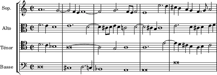  
\version "2.18.2"
\header {
  tagline = ##f
}
global= {
  \time 2/1
  \set Staff.timeSignatureFraction = 2/2
  \key c \major
}
Soprano = \new Voice \relative c'' {
  \set Staff.instrumentName = #"Sop."
  \set Staff.midiInstrument = #"orchestral harp"
  \tempo 2 = 92
    a1. g2~ g f4 e f1~ f2 g2. f8 e f2 | e1 e'2. d4 | cis b a g f4. g8 a2
    %\addlyrics {    } % impossible de mettre le texte pour l'instant...
}
Alto = \new Voice \relative c' {
  \set Staff.instrumentName = #"Alto"
  \clef alto
  \set Staff.midiInstrument = #"orchestral harp" %recorder"
  f2. e4 d1 e1. d2~ d4 cis8 d e4 d c2 d2~ d cis4 b cis1 | e2. d4 cis d e f
}
Tenor = \new Voice \relative c' {
  \set Staff.instrumentName = #"Ténor"
  \clef tenor
  \set Staff.midiInstrument = #"orchestral harp"
  d2. c4 bes1~ | a\breve~ a2 g a1 a1. e'2~ e4 d cis b a b cis2
}
Basse = \new Voice \relative c {
  \set Staff.instrumentName = #"Basse"
  \clef bass
  \set Staff.midiInstrument = #"orchestral harp"
  d\breve cis1  d2. c4 | bes1 a | a\breve | a'\breve
}
\score {
  \new StaffGroup <<
    \new Staff << \global \Soprano >>
    \new Staff << \global \Alto >>
    \new Staff << \global \Tenor >>
    \new Staff << \global \Basse >>
  >>
  \layout {
    #(layout-set-staff-size 17)
    \context {
      \Score
      \remove "Metronome_mark_engraver"
      \override SpacingSpanner.common-shortest-duration = #(ly:make-moment 1/2)
    }
  }
  \midi { }
}
