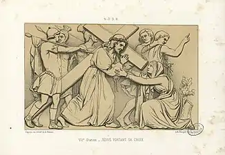 7e station : Jésus portant sa Croix, d'une série sur la Passion du Christ (lithographie, n. d., Fonds Ancely de la Bibliothèque municipale de Toulouse).