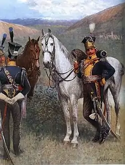 Cavaliers polonais de Napoléon à l'arrêt, pied à terre, l'un de dos les mains croisées et l'autre appuyé sur son cheval, la pipe à la main.