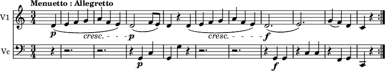 
<<
\new Staff \with { instrumentName = #"V1 "}  \relative c'' {
    \version "2.18.2"
    \key c \major 
    \tempo "Menuetto : Allegretto"
    \tempo 4 = 150
    \time 3/4
   s2
    d,4\p  (e f g\cresc a f e) 
    d2 \p (f8 e)
    d4 r d (e f\cresc g a f e)
    d2.\f (e)
    g4 (f) d
    c r \bar ":|."
}
\new Staff \with { instrumentName = #"Vc "} \relative c {
    \key c \major 
    \clef "bass"
    \time 3/4
    s2 r4 r2. r2.
    r4  g\p c
    g g' r4
    r2. r2. 
    r4 g,\f g
    r c c
    r f,g
    c, r  
}
>>
