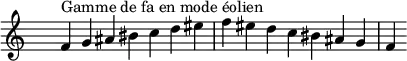 
\relative c' { 
  \clef treble \time 7/4 \hide Staff.TimeSignature f4^\markup { Gamme de fa en mode éolien } g ais bis c d eis f eis d c bis ais g f
}
