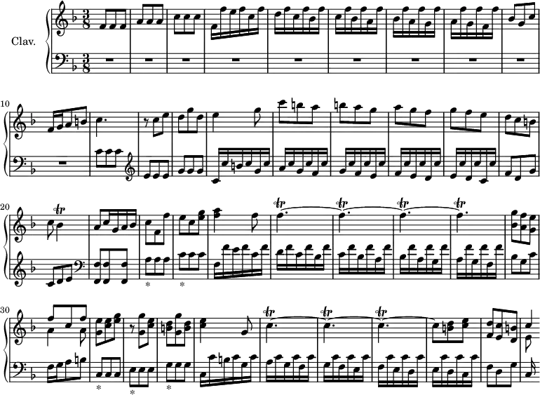 
\version "2.18.2"
\header {
  tagline = ##f
  % composer = "Domenico Scarlatti"
  % opus = "K. 82"
  % meter = ""
}
%% les petites notes
trillBes     = { \tag #'print { bes4\trill } \tag #'midi { c32 bes c bes~ bes8 } }
trillFp      = { \tag #'print { f4.\trill~ } \tag #'midi { \repeat unfold 6 { g32 f } } }
trillCp      = { \tag #'print { c4.\trill~ } \tag #'midi { \repeat unfold 6 { d32 c } } }
upper = \relative c'' {
  \clef treble 
  \key f \major
  \time 3/8
  \tempo 2 = 52
  \set Staff.midiInstrument = #"harpsichord"
  \override TupletBracket.bracket-visibility = ##f
      %s8*0^\markup{Allegro}
      f,8 f f | a a a | c c c |  f,16 f' e f c f | d f c f bes, f' | c f bes, f' a, f' |
      % ms. 7
      bes, f' a, f' g, f' | a, f' g, f' f, f' | bes,8 g c | f,16 g a8 b | c4. | r8 c8 e | d g d |
      % ms. 14
      e4 g8 | c b a | b a g | a g f | g f e | d c b | c \trillBes
      % ms. 21
      a8 c16 g a bes | c8  f, f' | e c < e g > | < f a >4 f8 | \trillFp \repeat unfold 3 { \trillFp }
      % ms. 29
      < bes, g' >8 < a f' > < g e' > | << { f'8 c f } \\ { a,4 a8 } >> | < g e' >8 < c e > < e g > | r8 < g, g' > < c e > | < b d > < g g' > < b d > | < c e >4 g8 |
      % ms. 35
      \repeat unfold 3 { \trillCp } | c8 < b d > < c e > | < f, d' > < e c' > < d b' > | << { c'4*1/2 } \\ { e,8 } >>
}
lower = \relative c' {
  \clef bass
  \key f \major
  \time 3/8
  \set Staff.midiInstrument = #"harpsichord"
  \override TupletBracket.bracket-visibility = ##f
    % ************************************** \appoggiatura \repeat unfold 2 {  } \times 2/3 { }
      R4.*10 | c8 c c |   \clef treble  e e e | g g g |
      % ms. 14
      c,16 c' b c g c | a c g c f, c' | g c f, c' e, c' | f, c' e, c' d, c' | e, c' d, c' c, c' | f,8 d g | c, d e |    \clef bass
      % ms. 21
      < f,, f' >8 q q | a'_\markup{*} a a | c_\markup{*} c c |  f,16 f' e f c f | d f c f bes, f' | c f bes, f' a, f' | bes, f' a, f' g, f' |
      % ms. 28
      a, f' g, f' f, f' | bes,8 g c | f,16 g a 8 b | c,8_\markup{*} c c | e_\markup{*} e e | g_\markup{*} g g | c,16 c' b c g c |
      % ms. 35
      a c g c f, c' | g c f, c' e, c' | f, c' e, c' d, c' | e, c' d, c' c, c' | f,8 d g | c,16
      % ms. 
}
thePianoStaff = \new PianoStaff <<
    \set PianoStaff.instrumentName = #"Clav."
    \new Staff = "upper" \upper
    \new Staff = "lower" \lower
  >>
\score {
  \keepWithTag #'print \thePianoStaff
  \layout {
      #(layout-set-staff-size 17)
    \context {
      \Score
     \override SpacingSpanner.common-shortest-duration = #(ly:make-moment 1/2)
      \remove "Metronome_mark_engraver"
    }
  }
}
\score {
  \keepWithTag #'midi \thePianoStaff
  \midi { }
}
