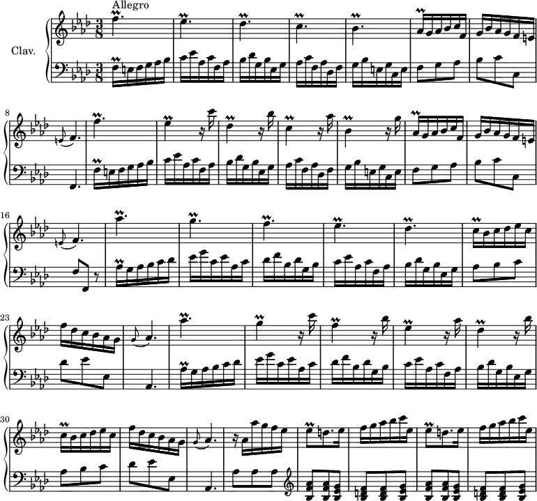 
\version "2.18.2"
\header {
  tagline = ##f
  % composer = "Domenico Scarlatti"
  % opus = "K. 187"
  % meter = "Allegro"
}
%% les petites notes
trillBesp       = { \tag #'print { bes4.\prall } \tag #'midi { c32 bes c bes~ bes4 } }
trillCp         = { \tag #'print { c4.\prall } \tag #'midi { des32 c des c~ c4 } }
trillCqqDown    = { \tag #'print { c,16\prall } \tag #'midi { \times 2/3 { c32 des c } } }
trillEesp       = { \tag #'print { ees4.\prall } \tag #'midi { f32 ees f ees~ ees4 } }
trillFp         = { \tag #'print { f4.\prall } \tag #'midi { g32 f g f~ f4 } }
trillFpUp       = { \tag #'print { f'4.\prall } \tag #'midi { g32 f g f~ f4 } }
trillDesp       = { \tag #'print { des4.\prall } \tag #'midi { ees32 des ees des~ des4 } }
trillDes        = { \tag #'print { des4\prall } \tag #'midi { ees32 des ees des~ des8 } }
trillAesqq      = { \tag #'print { aes16\prall } \tag #'midi { \times 2/3 { f32 g f } } }
trillEes        = { \tag #'print { ees4\prall } \tag #'midi { f32 ees f ees~ ees8 } }
trillEesDown    = { \tag #'print { ees,4\prall } \tag #'midi { f32 ees f ees~ ees8 } }
trillDesDown    = { \tag #'print { des,4\prall } \tag #'midi { ees32 des ees des~ des8 } }
trillCDown      = { \tag #'print { c,4\prall } \tag #'midi { des32 c des c~ c8 } }
trillBesDown    = { \tag #'print { bes,4\prall } \tag #'midi { c32 bes c bes~ bes8 } }
trillAesqqDown  = { \tag #'print { aes,16\prall } \tag #'midi { \times 2/3 { aes32 bes aes } } }
trillAespUp     = { \tag #'print { aes'4.\prall } \tag #'midi { bes32 aes bes aes~ aes4 } }
trillGp         = { \tag #'print { g4.\prall } \tag #'midi { aes32 g aes g~ g4 } }
trillCqq        = { \tag #'print { c16\prall } \tag #'midi { \times 2/3 { c32 des c } } }
trillAespUp     = { \tag #'print { aes'4.\prall } \tag #'midi { bes32 aes bes aes~ aes4 } }
trillG          = { \tag #'print { g4\prall } \tag #'midi { aes32 g aes g~ g8 } }
trillFDown      = { \tag #'print { f,4\prall } \tag #'midi { g32 f g f~ f8 } }
trillFqqDown    = { \tag #'print { f,16\prall } \tag #'midi { \times 2/3 { f32 g f } } }
trillFqqUp      = { \tag #'print { f'16\prall } \tag #'midi { \times 2/3 { f32 g f } } }
trillAesqqUp    = { \tag #'print { aes'16\prall } \tag #'midi { \times 2/3 { f32 g f } } }
trillEesq       = { \tag #'print { ees8\prall } \tag #'midi { f32 ees f ees } }
appoGAesp       = { \tag #'print { \appoggiatura g8 aes4. } \tag #'midi { g4 aes8 } }
appoGEFp        = { \tag #'print { \appoggiatura e8 f4. } \tag #'midi { e4 f8 } }
upper = \relative c'' {
  \clef treble 
  \key f \minor
  \time 3/8
  \tempo 4. = 78
  \set Staff.midiInstrument = #"harpsichord"
  \override TupletBracket.bracket-visibility = ##f
      s8*0^\markup{Allegro}
      \trillFp \trillEesp \trillDesp \trillCp \trillBesp 
      % ms. 6
      \trillAesqq g16 aes bes c f, | g bes aes g f e | \appoGEFp | \trillFpUp \trillEes r16 c'16 | \trillDesDown r16 bes'16 |
      % ms. 12
      \trillCDown r16 aes'16 | \trillBesDown r16 g'16 | \trillAesqqDown g16 aes bes c f, | g bes aes g f e | \appoGEFp | \trillAespUp |
      % ms. 18
      \trillGp \trillFp \trillEesp \trillDesp | \trillCqq bes16 c des ees c | f des c bes aes g |
      % ms. 24
      \appoGAesp | \trillAespUp \trillG r16 c16 | \trillFDown r16 bes16 | \trillEesDown r16 aes16 | \trillDesDown r16 bes'16 |
      % ms. 30
      \trillCqqDown bes16 c des ees c | f des c bes aes g | \appoGAesp |
      % ms. 33
      r16 aes16 aes' g f ees | \repeat unfold 2 {  \trillEesq d8. ees16 | f g aes bes c ees, } |
      % ms. 36
}
lower = \relative c' {
  \clef bass
  \key f \minor
  \time 3/8
  \set Staff.midiInstrument = #"harpsichord"
  \override TupletBracket.bracket-visibility = ##f
    % ************************************** \appoggiatura a16  \repeat unfold 2 {  } \times 2/3 { }   \omit TupletNumber 
      \trillFqqDown e16 f g aes bes | c ees aes, c f, aes | bes des g, bes ees, g | aes c f, aes des, f | g bes e, g c, e |
      % ms. 6
      f8 g aes | bes c c, | f,4. | \trillFqqUp e16 f g aes bes | c ees aes, c f, aes | bes des g, bes ees, g | aes c f, aes des, f | g bes e, g c, e | f8 g aes | bes c c, | f f, r8 | \repeat unfold 2 { \trillAesqqUp g16 aes bes c des |
      % ms. 12
      ees16 g c, ees aes, c | des f bes, des g, bes | c ees aes, c f, aes | bes des g, bes ees, g | aes8 bes c | des ees ees, |
      % ms. 18 et répet
      aes,4. } | 
      % ms. 33–36
      aes'8 aes aes |   \clef treble \repeat unfold 2 { < bes f' aes >8 q < bes ees g > | < bes d f > q < bes ees g > }
}
thePianoStaff = \new PianoStaff <<
    \set PianoStaff.instrumentName = #"Clav."
    \new Staff = "upper" \upper
    \new Staff = "lower" \lower
  >>
\score {
  \keepWithTag #'print \thePianoStaff
  \layout {
      #(layout-set-staff-size 17)
    \context {
      \Score
     \override SpacingSpanner.common-shortest-duration = #(ly:make-moment 1/2)
      \remove "Metronome_mark_engraver"
    }
  }
}
\score {
  \keepWithTag #'midi \thePianoStaff
  \midi { }
}
