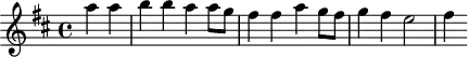 
\version "2.18.2"
\header {
  tagline = ##f
}
\score {
  \new Staff \with {
  }
<<
  \relative c''' {
    \key d \major
    \time 4/4
    %\set Staff.midiInstrument = #"violin"
    \override TupletBracket #'bracket-visibility = ##f 
     %%% Uccelini, Bergamasca
     \partial 2 a4 a b b a a8 g fis4 fis a g8 fis g4 fis e2 fis4
  }
>>
  \layout {
     \context { \Score \remove "Metronome_mark_engraver" }
  }
  \midi { \tempo 4 = 120 }
}
