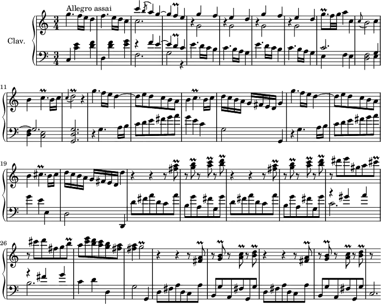 
\version "2.18.2"
\header {
  tagline = ##f
  % composer = "Domenico Scarlatti"
  % opus = "K. 527"
  % meter = "Allegro assai"
}
%% les petites notes
trillGb      = { \tag #'print { g2\prall } \tag #'midi { a32 g a g~ g4. } }
trillD       = { \tag #'print { d4\prall } \tag #'midi { e32 d e d~ d8 } }
trillF       = { \tag #'print { f4\prall } \tag #'midi { g32 f g f~ f8 } }
trillGqpUp   = { \tag #'print { g'8.\prall } \tag #'midi { a32 g a g~ g16 } }
trillFisAq   = { \tag #'print { < fis a >8\prall } \tag #'midi { << { b32 a b a } \\ { fis8 } >> } }
trillGBq     = { \tag #'print { < g b >8\prall } \tag #'midi { << { c32 b c b } \\ { g8 } >> } }
trillACq     = { \tag #'print { < a c >8\prall } \tag #'midi { << { d32 c d c } \\ { a8 } >> } }
trillBDq     = { \tag #'print { < b d >8\prall } \tag #'midi { << { e32 d e d } \\ { b8 } >> } }
trillbq      = { \tag #'print { b8\prall } \tag #'midi { cis32 b cis b } }
trillcisq    = { \tag #'print { cis8\prall } \tag #'midi { d32 cis d cis } }
trillCp      = { \tag #'print { c4.\prall } \tag #'midi { d32 c d c~ c4 } }
trillDb      = { \tag #'print { d2\prall } \tag #'midi { e32 d e d~ d4. } }
trillCisp    = { \tag #'print { cis4.\prall } \tag #'midi { d32 cis d cis~ cis4 } }
upper = \relative c'' {
  \clef treble 
  \key c \major
  \time 3/4
  \tempo 4 = 110
      s8*0^\markup{Allegro assai}
      g'4. f16 e d4 | f4.e16 d c4 | << { c'4 \acciaccatura b8 a4 g~| g \trillF e4 } \\ { c2. } >>
      % ms. 5
      \repeat unfold 2 { << { s4 g'4 f s4 e4 d } \\ { \repeat unfold 2 { b4\rest g2 } } >> } | \trillGqpUp f32 g a4 c, |
      % ms. 10
      \appoggiatura c8 b2 c4 | b \trillCp b16 c | \appoggiatura c4 \trillDb r4 | g4. f16 e d4~ | d8 e d c b \tag #'print a8 \tag #'midi r8 |
      % ms. 15
      b4 \trillCp b16 c | d c b a g fis e d g4 | g'4. f16 e d4~ | d8 e d c b \tag #'print a8 \tag #'midi r8 | b4 \trillCisp b16 cis |
      % ms. 20
      d16 c b a g fis e d d'4 | \repeat unfold 2 { r4 r4 r8 \trillFisAq r8 \trillGBq r8 \trillACq r8 \trillBDq }
      % ms. 25
      r8 dis8 e gis, a \trillcisq | r8 cis8 d fis, g \trillbq | a8 < c e > < b d > < a c > < g b > < fis a > | q4 \trillGb |
      % ms. 29
      \repeat unfold 2 { r4 r4 b,8\rest \trillFisAq r8 \trillGBq r8 \trillACq r8 \trillBDq } | r8 s8
}
lower = \relative c' {
  \clef bass
  \key c \major
  \time 3/4
    % ************************************** \appoggiatura a16  \repeat unfold 2 {  } \times 2/3 { }   \omit TupletNumber 
      c,4 < c' e > < d f > | d, < d' f > < e g > | << { r4 f4 e~ | e \trillD c4 } \\ { f,2. | g2 r4 } >> |
      % ms. 5
      \repeat unfold 2 { e'4. d16 c b4 | c4. b16 a g4 } | << { c2. } \\ { e,4 f e } >>
      % ms. 10
      < d f >2 << { g4~ | g2. } \\ { e4 | < d f > < c e >2 } >> < g d' g >2. | r4 g'4. a16 b | c8 d e fis g a |
      % ms. 15
      g4 e c | g2 g,4 | r4 g'4. a16 b | c8 d e fis g a | g4 e e, |
      % ms. 20
      d2 d,4 | \repeat unfold 2 { d''8 fis a d, c a' | b, g' a, fis' g, g' }
      % ms. 25
      << { r4 gis4 a | r4 fis4 g } \\ { c,2. b } >> | c4 d d, | g2 g,4 |
      % ms. 29
      \repeat unfold 2 { d'8 fis a d, c a' | b, g' a, fis' g, g' } | c,2.*1/3
}
thePianoStaff = \new PianoStaff <<
    \set PianoStaff.instrumentName = #"Clav."
    \new Staff = "upper" \upper
    \new Staff = "lower" \lower
  >>
\score {
  \keepWithTag #'print \thePianoStaff
  \layout {
      #(layout-set-staff-size 17)
    \context {
      \Score
     \override TupletBracket.bracket-visibility = ##f
     \override SpacingSpanner.common-shortest-duration = #(ly:make-moment 1/2)
      \remove "Metronome_mark_engraver"
    }
  }
}
\score {
  \keepWithTag #'midi \thePianoStaff
  \midi { \set Staff.midiInstrument = #"harpsichord" }
}
