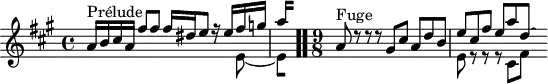 
\version "2.18.2"
\header { 
  tagline = ##f
}
\score {
  \new Staff \with {
  }
<<
  \relative c'' {
    \key a \major
    \time 4/4
	\set Staff.midiInstrument = #"harpsichord" 
     %% INCIPIT CBT I-5, BWV 850, ré majeur
     << { s4*0^\markup{Prélude} a16 b cis a fis'8 fis fis16 dis e8 r16 e fis g | \once \override Staff.TimeSignature #'stencil = ##f \time 1/8
{ 
 % suppression des warnings :
 #(ly:set-option 'warning-as-error #f)
 #(ly:expect-warning (_ "stem does not fit in beam")) %% <= à traduire éventuellement
 #(ly:expect-warning (_ "beam was started here")) %% <= à traduire éventuellement
  \set stemRightBeamCount = #2
  a4*1/4[ s]
} } \\ { s2 s4. e,8~ 
{ 
 % suppression des warnings :
 #(ly:set-option 'warning-as-error #f)
 #(ly:expect-warning (_ "stem does not fit in beam")) %% <= à traduire éventuellement
 #(ly:expect-warning (_ "beam was started here")) %% <= à traduire éventuellement
  \set stemRightBeamCount = #1
  e4*1/4[ s]
} } >> \bar ".."
    \time 9/8
     << { s4*0^\markup{Fuge} a8 d8\rest d8\rest d8\rest gis,8 cis a d b e cis fis e a d,~ \hideNotes d } \\ { s4.*3 e,8 r8 r8 r8 cis8 fis } >>
  }
>>
  \layout {
     \context { \Score \remove "Metronome_mark_engraver" 
     \override SpacingSpanner.common-shortest-duration = #(ly:make-moment 1/2) 
}
  }
  \midi {}
}
