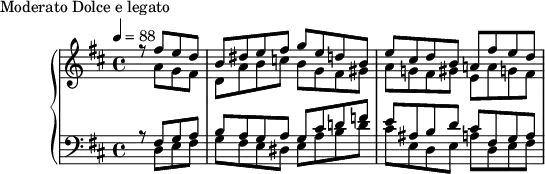 
\version "2.18.2"
\header {
  tagline = ##f
}
upper = \relative c'' {
  \clef treble 
  \key d \major
  \time 4/4
  \tempo 4 = 88
  %\autoBeamOff
   %%Montgeroult — Étude 108 (pdf p. 182)
   \partial 2
   << { r8 fis8 e d b dis e fis g e d! b e cis d b a! fis' e d } \\ { s8 a8 g fis d a' b c! b g fis gis a g! fis gis e a g! fis } >>
   << {} \\ {} >>
   << {} \\ {} >>
}
lower = \relative c {
  \clef bass
  \key d \major
  \time 4/4
   << { r8 fis g a b a g a g cis d! f! e ais, b d cis fis, g a } \\ { s8 d,8 e fis g fis e dis e a b d cis e, d e a! d, e fis } >>
   << {} \\ {} >>
   << {} \\ {} >>
}
  \header {
    piece = "Moderato Dolce e legato"
  }
\score {
  \new PianoStaff <<
    \new Staff = "upper" \upper
    \new Staff = "lower" \lower
  >>
  \layout {
    \context {
      \Score
    }
  }
  \midi { }
}
