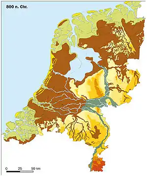 La région des Pays-Bas vers l'an 800 ap. J.C, le lac central était alors appelé lac Almere.