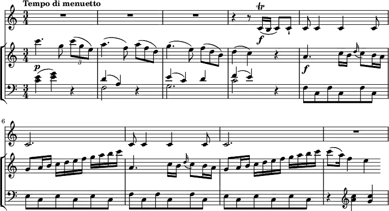 
<<
\new Staff
\relative c'' {
    \key c \major 
    \tempo "Tempo di menuetto"
    \time 3/4
    \tempo 4 = 110
    R2.*3
    r4 r8 c,16\f \trill (b c8) c-!
    c8 c4 c c8 c2.
    c8 c4 c c8 c2.
    R2.
}
\new StaffGroup <<
\new Staff
\relative c'' {
    \key c \major 
    \time 3/4
 c'4.\p g8 \tuplet 3/2 {c8 (g e)}
 a4. (f8) \scaleDurations 2/3 {a8 (f d)}
 g4. (e8) \scaleDurations 2/3 {f8 (d b)}
 d4 (c) r4
 a4.\f c16 b \grace d16 (c8) b16 a
 g8 a16 b c d e f g a b c
 a,4. c16 b \grace d16 (c8) b16 a
 g8 a16 b c d e f g a b c
 c8 (a16) f4 e
  }
  \new Staff 
  \relative c' {
    \clef "bass" 
         \key c \major
         \time 3/4 
<c e> (<e g>) r4
<< \relative { d'4 (a) } \\ \relative { f2 } >> r4
<< \relative { e'4 (c) d } \\ \relative { g2. } >> 
<< \relative { f'4 (e) } \\ \relative { c'2 } >> r4
f,8 c f c f c
e c e c e c
f c f c f c
e c e c e c
r4 \clef "treble" <a'' c>4 <g c> 
  }
>>
>>
