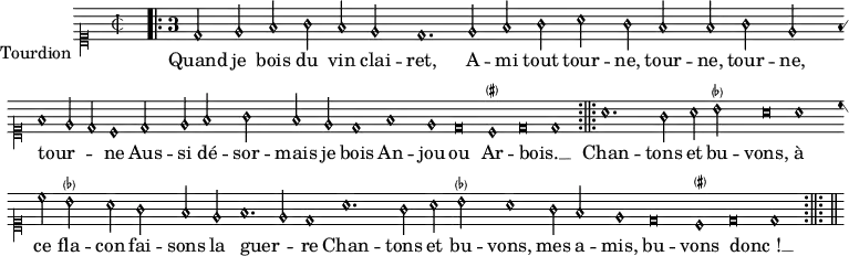 
\relative d' { 
  \defineBarLine ";||;" #'(";||;=" #f ";||;")
  \autoBeamOff
  \override NoteHead.style = #'petrucci
  \clef "mensural-c1"
  \key a \minor
  \set Score.tempoHideNote = ##t \tempo 1. = 136
  \set suggestAccidentals = ##t
  \override Staff.AccidentalSuggestion.font-size = #-4
  \override Staff.AccidentalSuggestion.parenthesized = ##t
  \override Staff.TimeSignature.style = #'mensural \time 2/2 \bar"|"
  \grace { s1 \bar "" s1 }
  \override Staff.TimeSignature.style = #'single-digit \time 3/1
\repeat volta 2 { \cadenzaOn
  d2 e f g f e \bar ""
  d1. e2 f g \bar ""
  a g f f g e \bar ""
  f1 e2 d c1 \bar ""
  d2 e f g f e \bar ""
  d1 f e \bar ""
  d\breve cis!1 \bar ""
  d\breve d1 } \bar ";||;" \noBreak \repeat volta 2 {
  a'1. g2 a bes! \bar ""
  a\breve a1 \bar ""
  c2 bes! a g f e \bar ""
  f1. e2 d1 \bar ""
  a'1. g2 a bes! \bar ""
  a1 g2 f e1 \bar ""
  d\breve cis!1
  d\breve d1 \cadenzaOff } \bar ";||;"
}
\addlyrics { \override LyricHyphen #'minimum-distance = #2.0
  Quand je bois du vin clai -- ret,
  A -- mi tout tour -- ne, tour -- ne, tour -- ne, tour -- _ _ ne
  Aus -- si dé -- sor -- mais je bois
  An -- jou ou Ar -- bois. __ _
  Chan -- tons et bu -- vons, à ce fla -- con fai -- sons la guer -- _ re
  Chan -- tons et bu -- vons, mes a -- mis, bu -- vons donc_! __ _
}
\layout { indent = 15\mm tagline = ##f \set Staff.instrumentName = \markup { \vspace #3 "Tourdion" } \context { \Staff \consists "Custos_engraver" \override Custos.style = #'hufnagel } }
