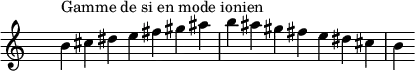 
\relative c'' { 
  \clef treble \time 7/4 \hide Staff.TimeSignature b4^\markup { Gamme de si en mode ionien } cis dis e fis gis ais b ais gis fis e dis cis b
}
