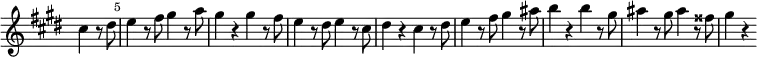 
\relative c'' \new Staff \with { \remove "Time_signature_engraver" } {
 \version "2.18.2"
 \key cis \minor \time 2/2
 \set Score.tempoHideNote = ##t \tempo 2 = 132
 \set Staff.midiInstrument = "violin"
 \partial 2 cis4 r8 dis |
 \once \override Score.BarNumber #'break-visibility = ##(#f #t #t) \set Score.currentBarNumber = #5 \bar "|"
 e4 r8 fis gis4 r8 a |
 gis4 r gis r8 fis |
 e4 r8 dis e4 r8 cis |
 dis4 r cis r8 dis |
 e4 r8 fis gis4 r8 ais |
 b4 r b r8 gis |
 ais4 r8 gis ais4 r8 fisis |
 gis4 r
}
