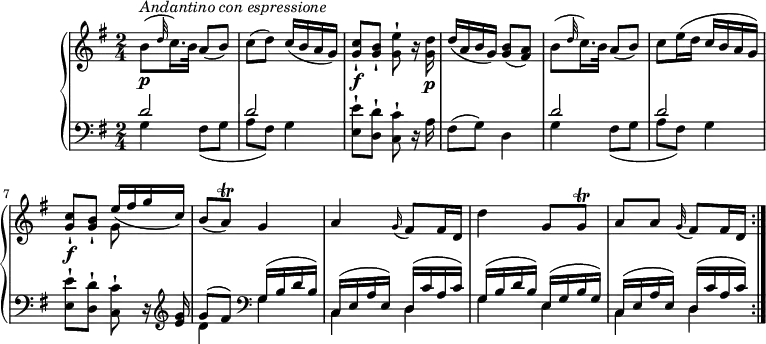 
\version "2.18.2"
\header {
  tagline = ##f
}
upper = \relative c' {
         \clef "treble"
         \tempo "Andantino con espressione"
         \key g \major
         \time 2/4
         \tempo 4 = 50
         \set Staff.midiInstrument = #"piano"
         b'8\p^\markup{\italic {Andantino con espressione}} (\grace d32 (c16.) b32) a8 (b)
         c (d) c16 (b a g)
         <g c>8-! \f <g b>-! <g e'>8-! r16 <g d'>\p
         d'16 (a b g) <g b>8 (<fis a>)
         b8 (\grace d32 (c16.) b32) a8 (b)
         c8 e16 (d c b a g)
         <g c>8-! \f <g b>-! <<{\stemDown g8 s8} \\ {\stemUp e'16 (fis g c,)}>>
         b8 (a\trill) g4
         a \grace g16 (fis8) fis16 d
         d'4 g,8 g\trill
         a a \grace g32 (fis8) fis16 d \bar ":|."
}
lower = \relative c' {
         \clef "bass"
         \key g \major
         \set Staff.midiInstrument = #"piano"
      <<{\stemDown g4 fis8 _(g a fis) g4} \\ {\stemUp d'2 d}>>
      <e, e'>8-! <d d'>-! <c c'>-! r16 a'16
      fis8 (g) d4
      <<{\stemDown g4 fis8 _(g a fis) g4} \\ {\stemUp d'2 d}>>
      <e, e'>8-! <d d'>-! <c c'>-! r16  \clef "treble" <e' g>16
      <<{\stemDown d4} \\ {\stemUp g8 ^(fis)}>>
      \clef "bass"
      <<{\stemDown g,4 c, d g e c d} \\ {\stemUp g16 ^(b d b)  c, ^(e a e) d ^(c' a c) g ^(b d b) e, ^(g b g) c, ^(e a e)  d ^(c' a c)}>>
      \bar ":|."
}
\score {
  \new PianoStaff <<
    \new Staff = "upper" \upper
    \new Staff = "lower" \lower
  >>
  \layout {
    \context {
      \Score
      \remove "Metronome_mark_engraver"
    }
  }
  \midi { }
}
