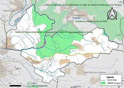 Carte des ZNIEFF de type 1 sur la commune.