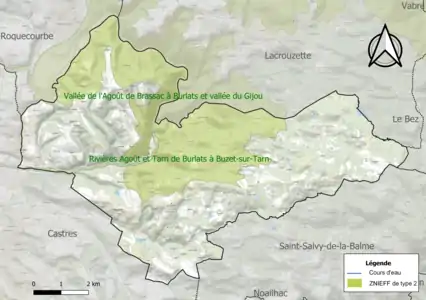 Carte des ZNIEFF de type 2 sur la commune.