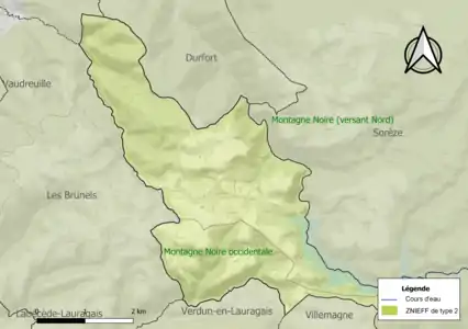 Carte des ZNIEFF de type 2 sur la commune.