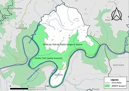 Carte des ZNIEFF de type 1 sur la commune.