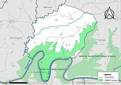 Carte des ZNIEFF de type 1 sur la commune.