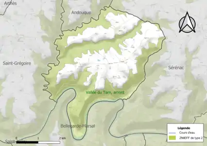 Carte de la ZNIEFF de type 2 sur la commune.