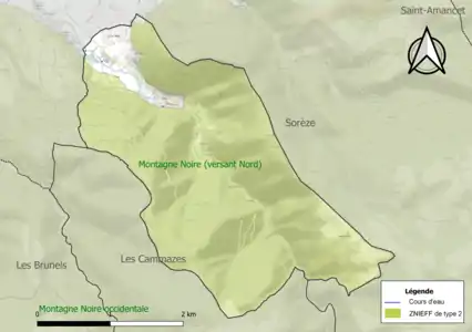 Carte de la ZNIEFF de type 2 sur la commune.