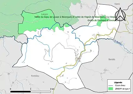 Carte des ZNIEFF de type 1 sur la commune.