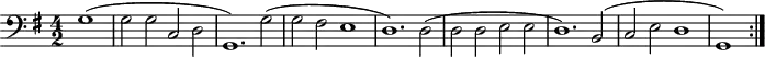 
\version "2.14.2"
\header {
  tagline = ##f
}
\score {
  \new Staff \with {
  }
<<
  \relative c' {
    \key g \major
    \clef bass
    \time 4/2
    \tempo 2 = 80
    \override TupletBracket #'bracket-visibility = ##f 
    \autoBeamOff
    \set Staff.midiInstrument = #"harpsichord"
     %%%%%%%%%%%%%%%%%%%%%%%%%% Ruggiero
\repeat volta 2 {
     \partial 1 g1( g2 g c, d g,1.)
     g'2( g fis e1 d1.)
     d2( d d e e d1.)
     b2( c2 e d1 g,1) 
}
  }
>>
  \layout {
    \context { \Score \remove "Metronome_mark_engraver" }
    \context {
      \remove "Metronome_mark_engraver"
    }
  }
  \midi {}
}
