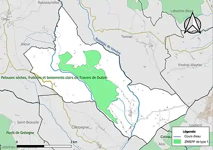 Carte des ZNIEFF de type 1 sur la commune.