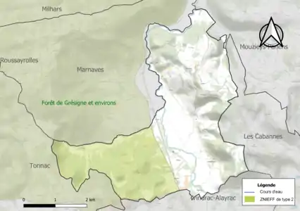 Carte de la ZNIEFF de type 2 sur la commune.