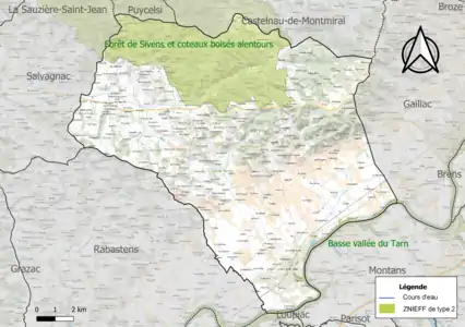 Carte des ZNIEFF de type 2 sur la commune.