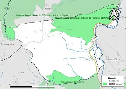 Carte des ZNIEFF de type 1 sur la commune.