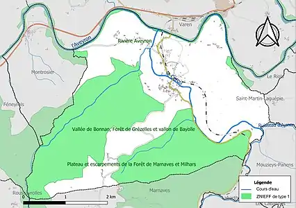 Carte des ZNIEFF de type 1 sur la commune.