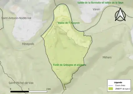 Carte des ZNIEFF de type 2 sur la commune.