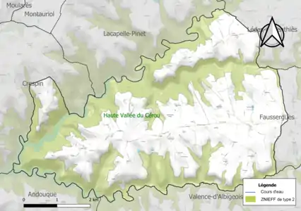 Carte de la ZNIEFF de type 2 sur la commune.