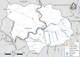 Carte en couleur présentant le réseau hydrographique de la commune