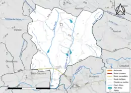 Carte en couleur présentant le réseau hydrographique de la commune