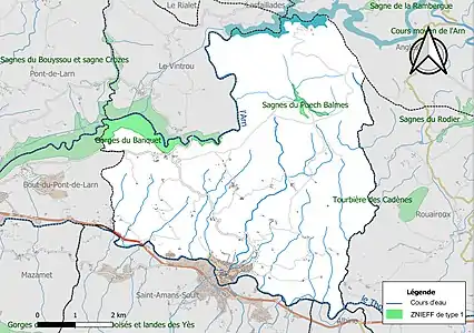 Carte des ZNIEFF de type 1 sur la commune.