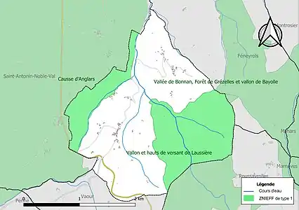 Carte des ZNIEFF de type 1 sur la commune.