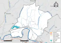 Carte en couleur présentant le réseau hydrographique de la commune